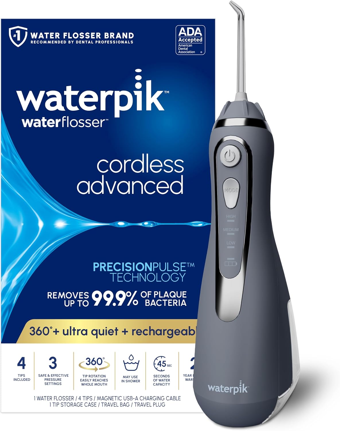Waterpik Cordless Advanced Portable Water Flosser, Rechargeable, Black | 3 Settings, 4 Tips, Travel Bag, for Gums, Teeth, Dental Braces, Implants, Shower Use ADA Accepted WP-582 Packaging May Vary