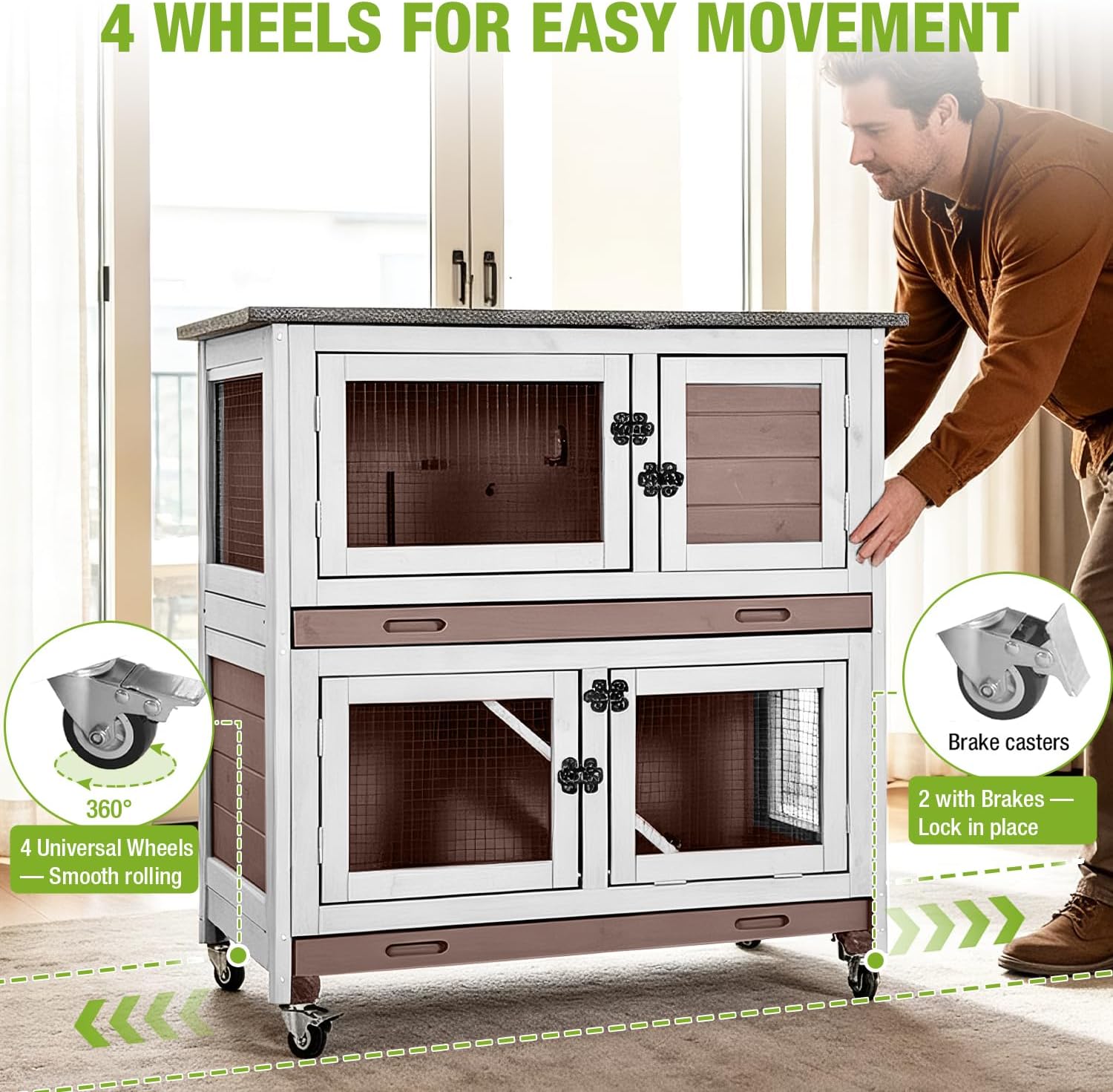 Outdoor Rabbit Hutch Indoor Bunny on Wheels Large Guinea Pig Cage with Run for Any Small Animals,Removable Pull Out Tray
