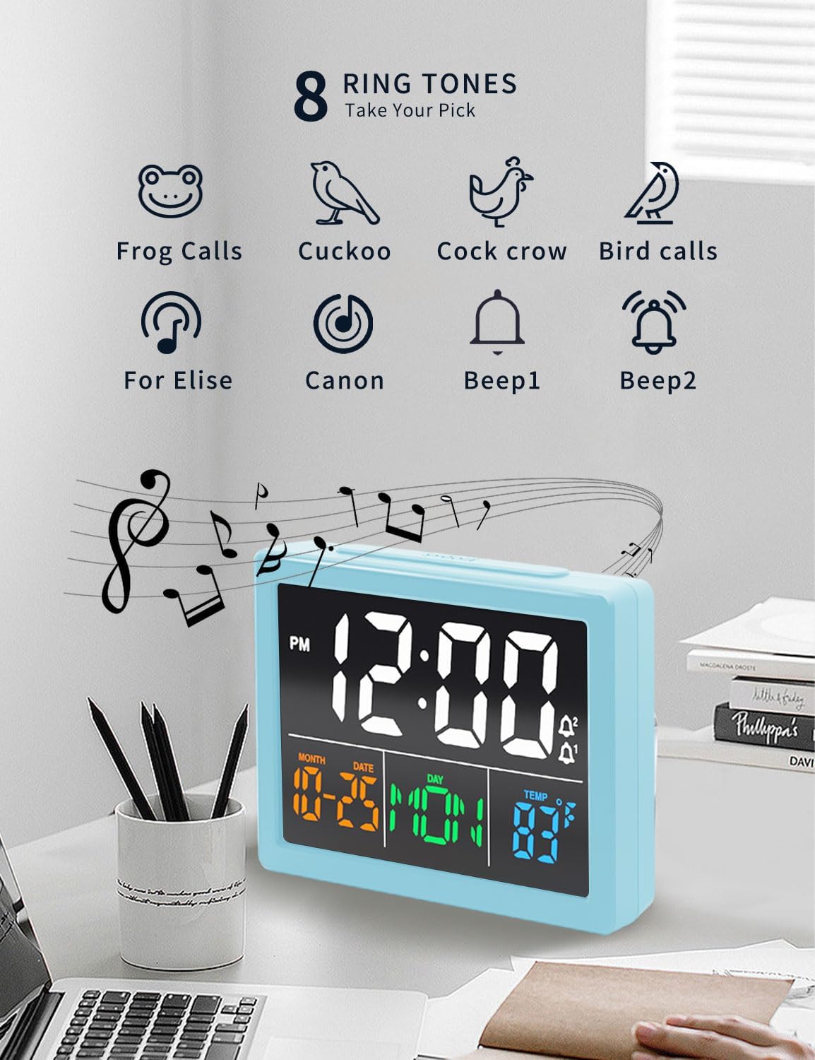 JALL Digital Clock with Date Day for Seniors, Electric Alarm Clocks for Bedrooms with Temperature, 2 Alarms, Dimmer, Dual USB Charger, Battery Backup
