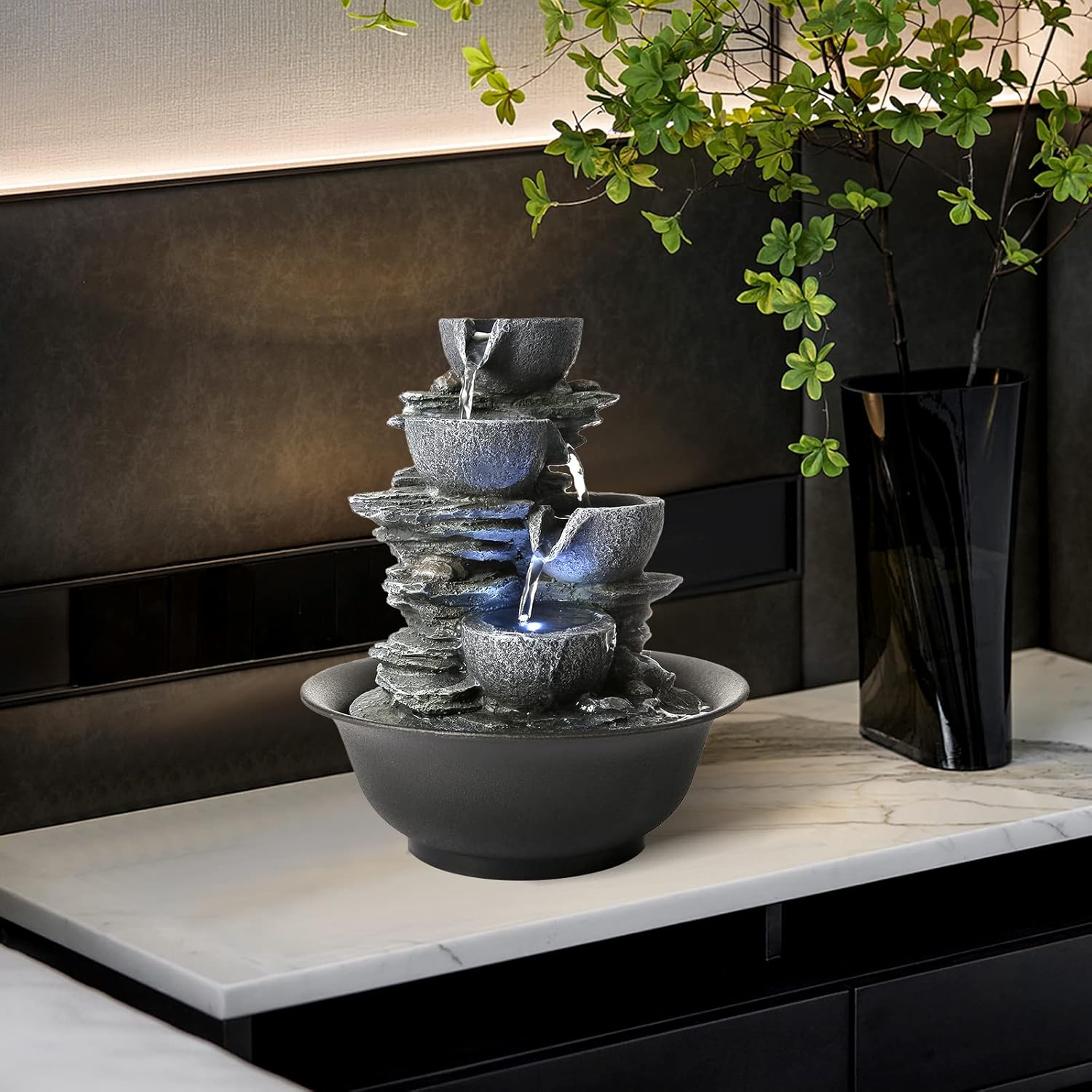 WICHEMI Indoor Water Fountain Tabletop Fountain Stacked Rock with LED Light | Relaxing Water Feature, Meditation Fountain, Soothing Sound, Stress Relief, For Home Office Bedroom Decor, 7.8"x7.8"x7.9"