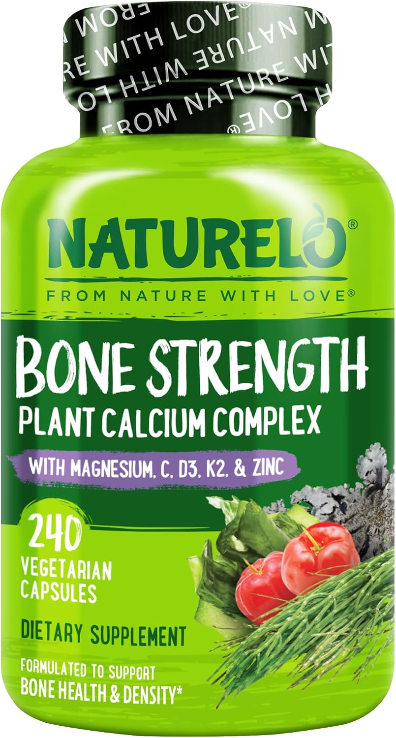 NATURELO Calcium Supplement with Vitamin C, D3, K2, 120 Vegetarian Capsules | Magnesium & Zinc for Bone Strength,Plant-Based Calcium 600mg , Non-GMO, Soy & Gluten-Free