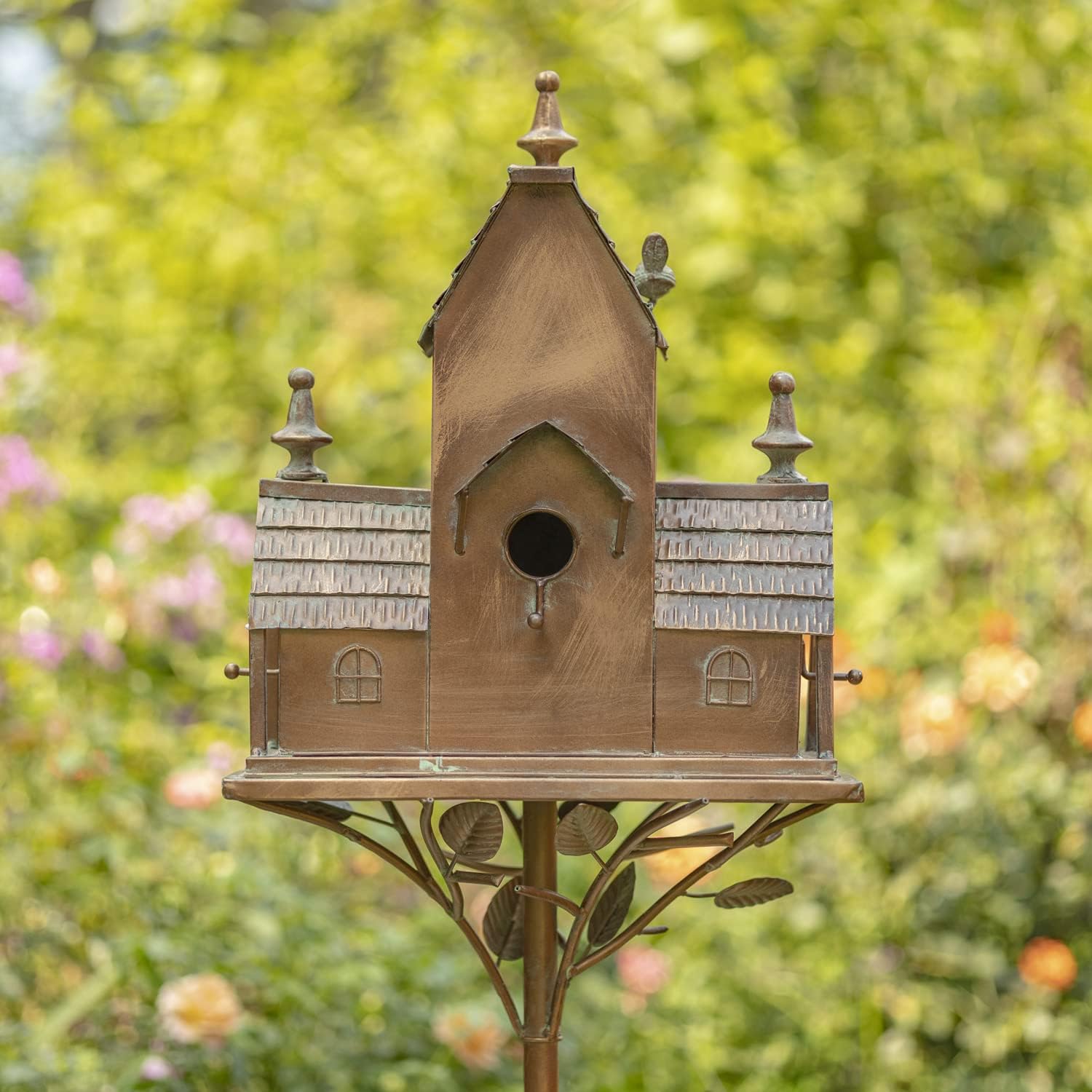 Large Copper Colored Multi-Birdhouse Stakes, Room for 4 Bird Families in Each (Cube Homes with Pyramid Roofs)