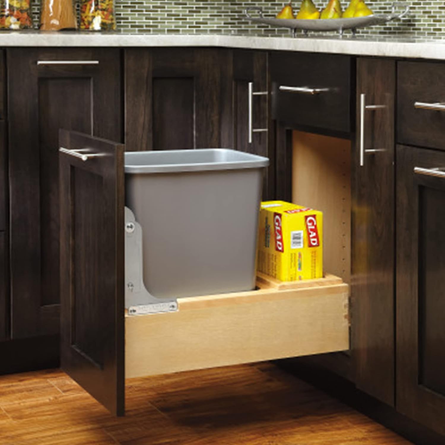 Rev-A-Shelf 35 Qt Bottom Mount Single Pullout Under Cabinet Kitchen Trash Cans for Base Cabinets, 150 Pound Rated Full-Extension Slides, Min Opening Width of 11.5", Silver, 4WCBM-15DM-1