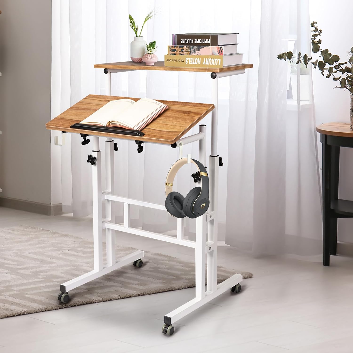 SIDUCAL Mobile Standing Desk, Portable Stand Up, Small Adjustable Converter with Wheels Home Office Workstation, Rolling Desk Laptop Cart for Standing or Sitting, Black