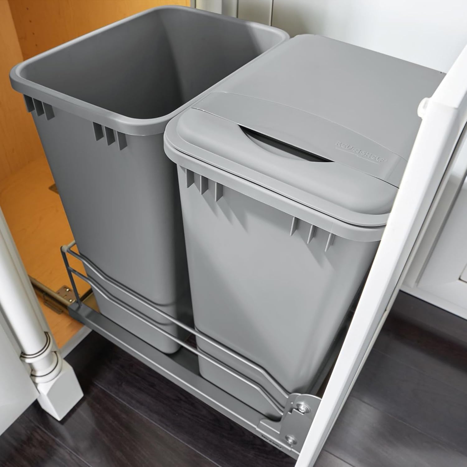 Rev-A-Shelf Double Pullout Trash Can w/Soft-Close Slides, 14.5" Min Opening | Large Capacity Garbage/ Recycling Bins for Full Height Kitchen Cabinets, Heavy Gauge Wire Construction, 53WC-2150SCDM-217
