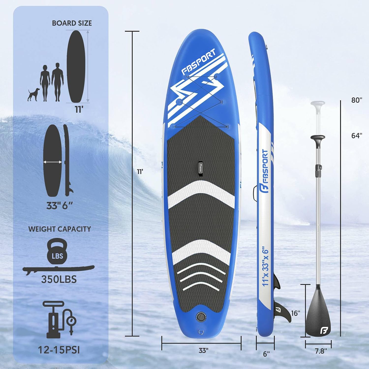 FBSPORT 11' Premium Stand Up Paddle Board, Yoga Board with SUP Accessories & Carry Bag | Wide Stance, Surf Control, Non-Slip Deck, Leash