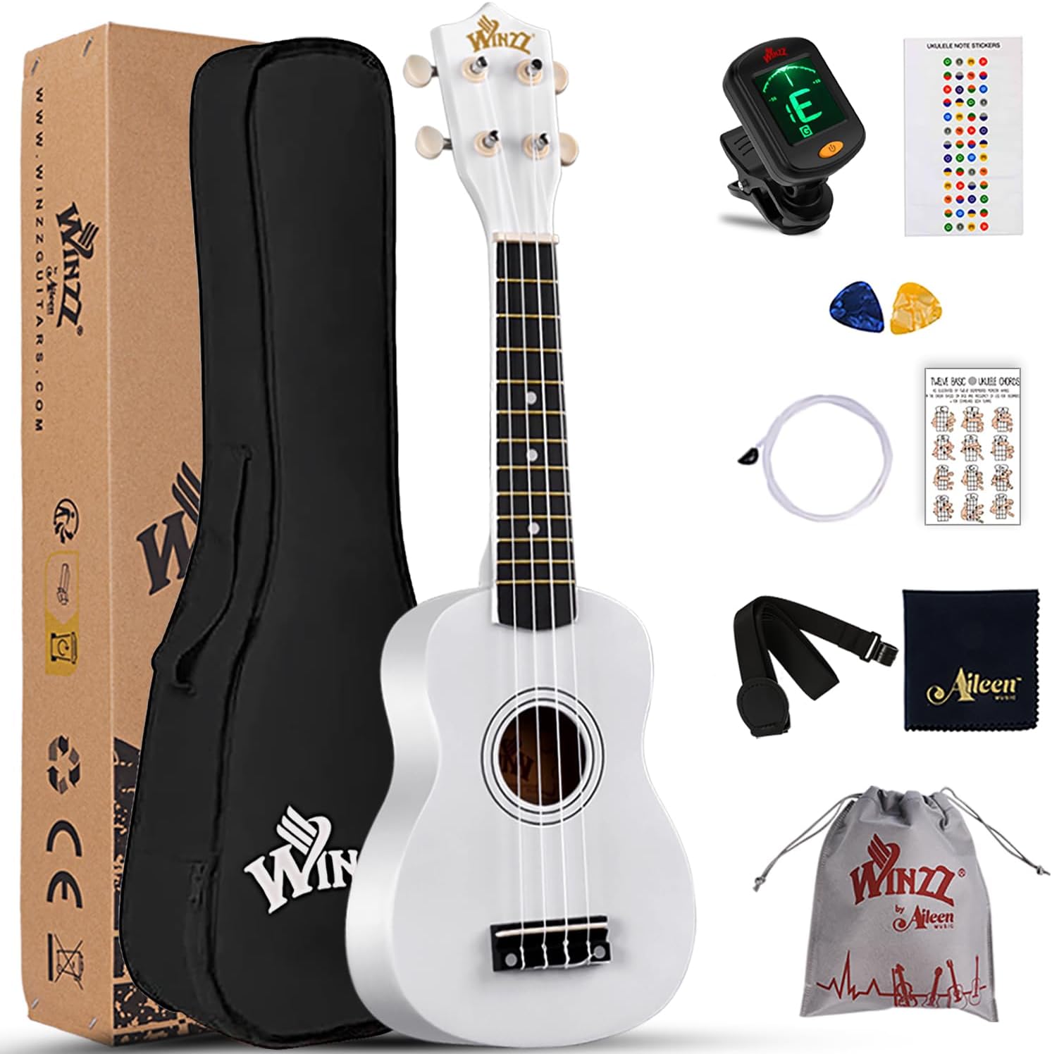 Winzz Soprano Ukulele Starter Kit For Beginners with Bag, Clip-On Tuner, Extra Strings, Strap, Plectrum, Fret Stickers, Chords Card, Polishing Cloth, Black