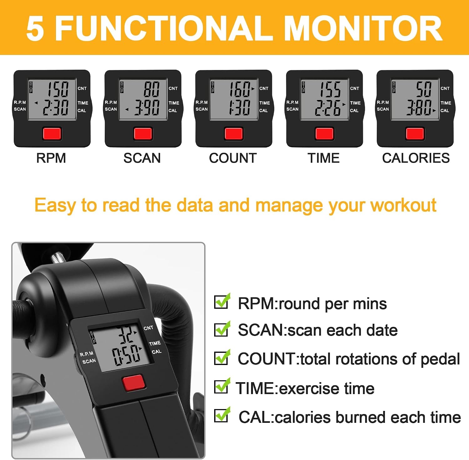 Pedal Exerciser Desk Exercise Bike Leg and Arm Exercise Bike with LCD Monitor Foldable and Porable (Black/Grey)