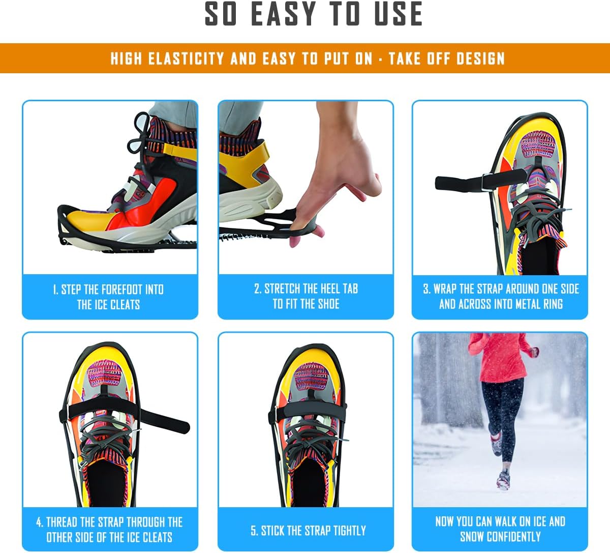 Anti-Slip Ice Cleats, Snow Grips, Crampons for Walking on Ice Snow | Ultra lightweight, Crack resistant High elasticity, for Hiking Fishing Running, with Storage Bag and 2 Straps