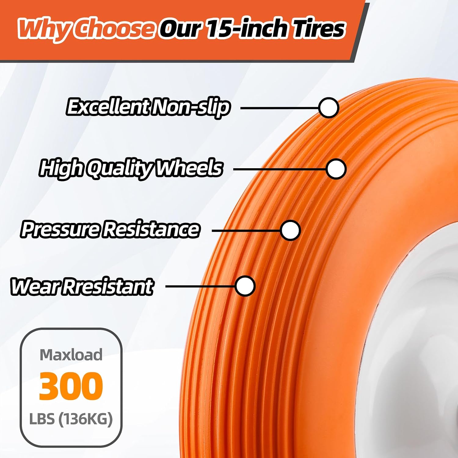 UniversalY Fit, Flat Free Wheelbarrow Tire - Fits all 5/8" OR 3/4" HUB - 5 Year Warranty