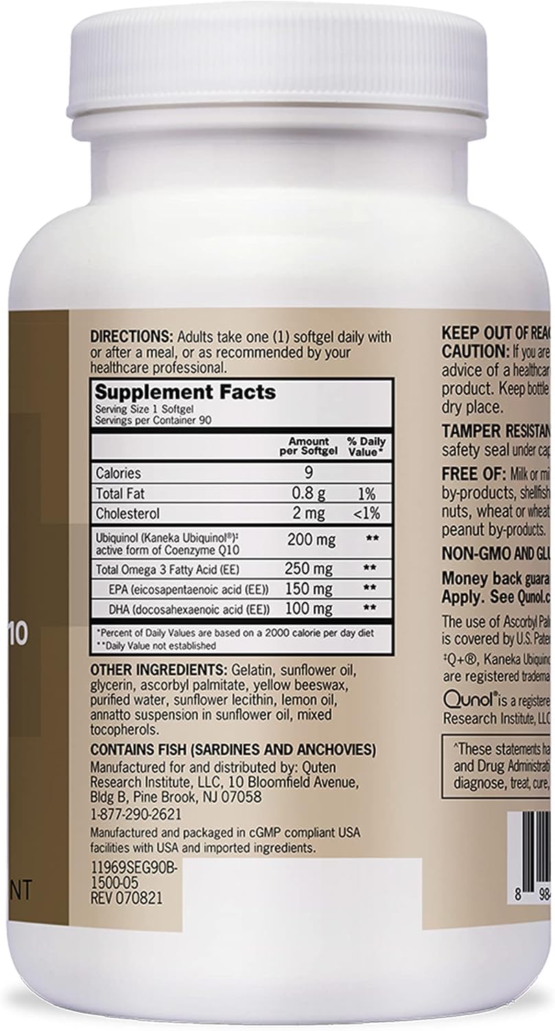 Qunol Ubiquinol 200mg + Omega-3 250mg, Extra Strength Antioxidant, 90ct | #1 Cardiologist Recommended Supplement for Heart Health