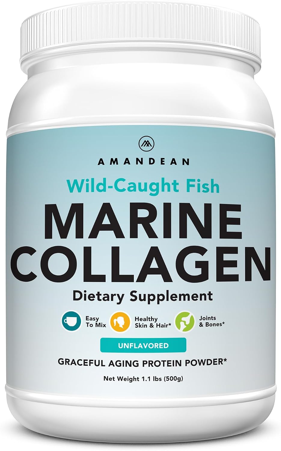 AMANDEAN Marine Collagen Peptides Powder, Wild-Caught Fish Collagen, 500g | Double-hydrolyzed wild-caught fish collagen, 50 servings, skin, hair