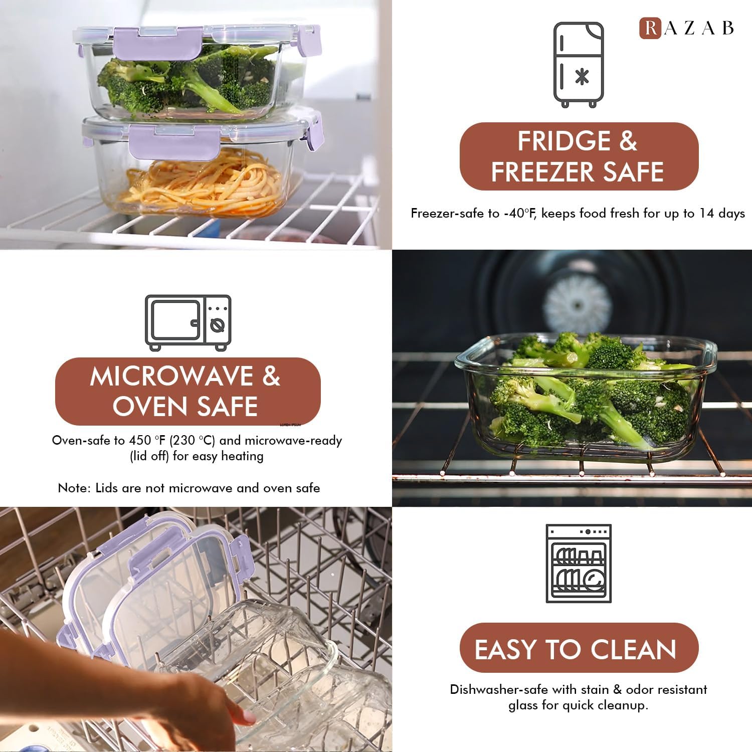 Razab 2 PC 1200ML / 41 Oz Glass Food Storage Containers with Lids - Airtight & Leakproof - Microwave/Oven/Freezer Safe - BPA Free - Ideal for Meal
