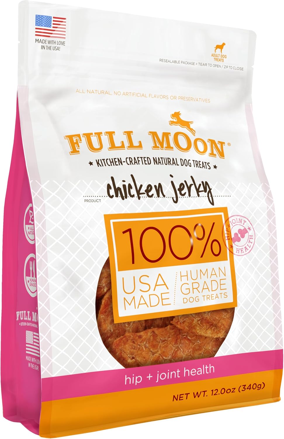 Full Moon® Chicken Jerky Hip And Joint Dog Treats 12 oz | Made withchondroitin, glucosamine and turmeric, Human Grade, No corn, No wheat, No soy, Glycerin Free, Made in the USA
