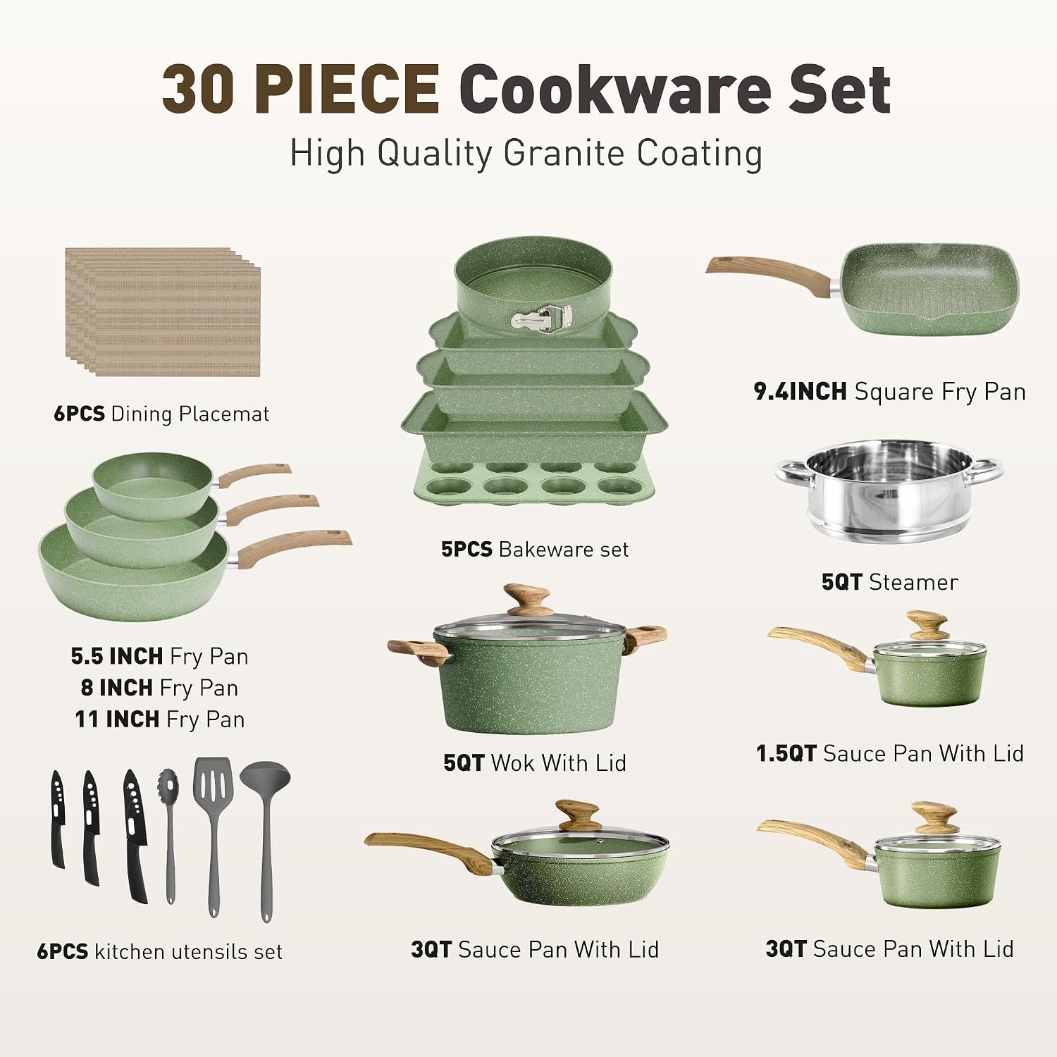 MAISON ARTS 30 Piece Pots and Pans Set, Kitchen Cookware Sets Non Stick | Induction Compatible, PFOA & PFOS Free, Bakeware Sets with Baking Tray, Frying Pan and Saucepan, Green