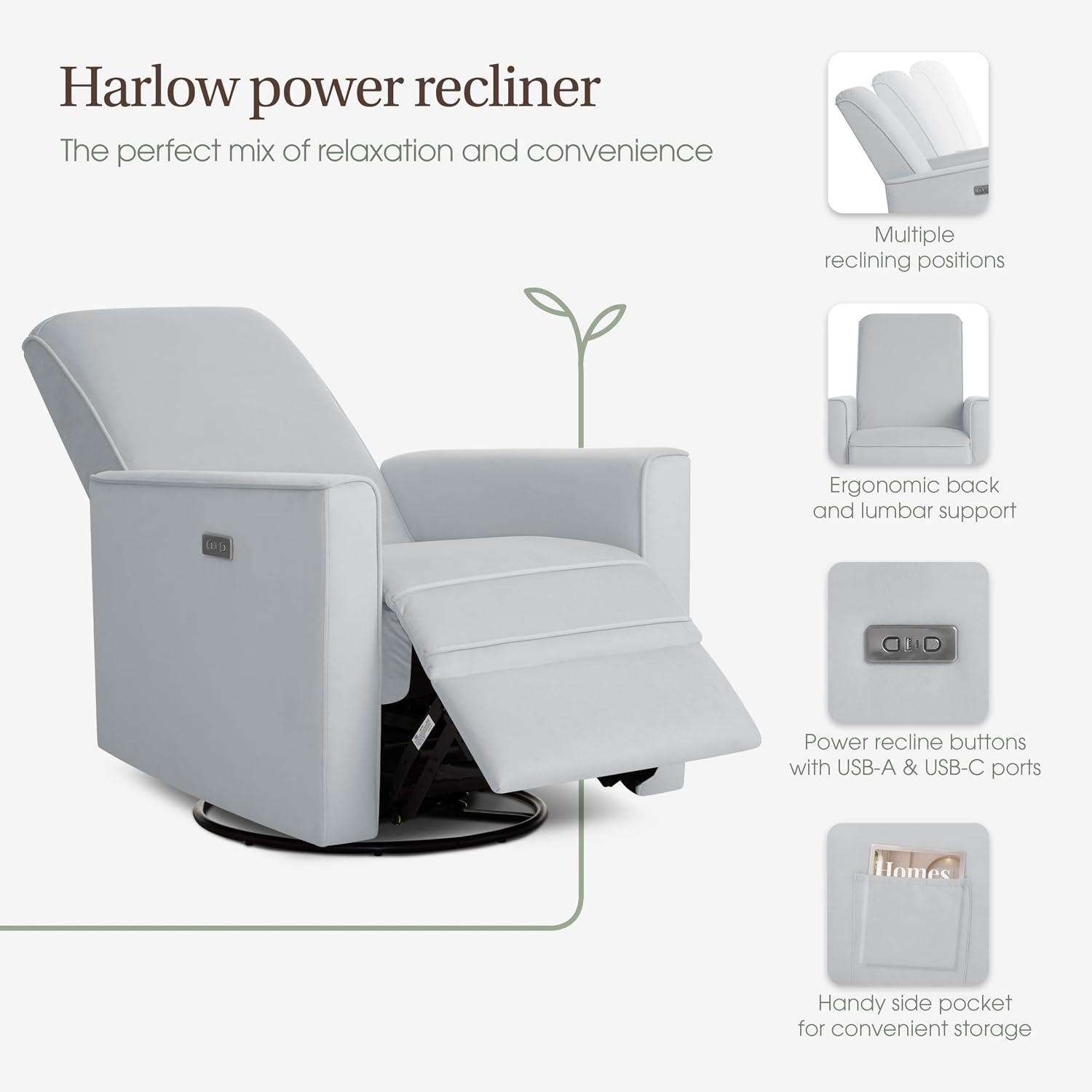 évolur Harlow Upholstered Power Glider Recliner with USB Charging – Rocking & 275° Swivel with Smooth Glide – Greenguard Gold & FSC