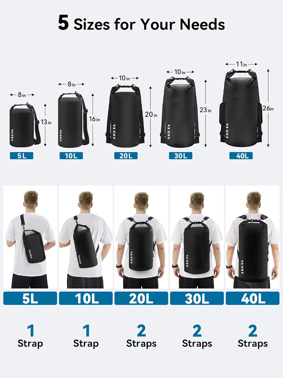 HEETA Waterproof Dry Bag Backpack with Emergency Whistle 5L/10L/20L/30L/40L
