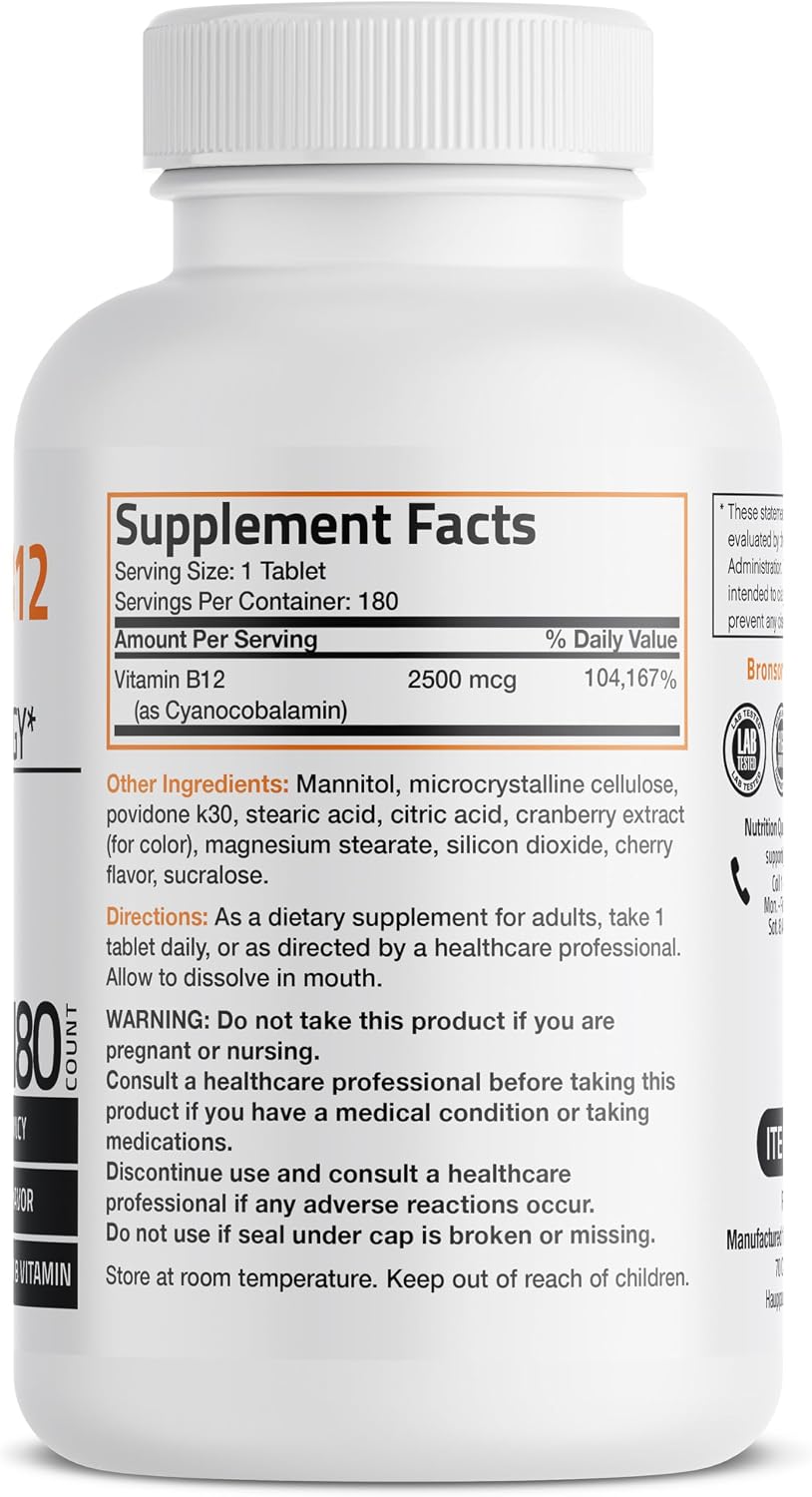 Vitamin B12 2500mcg Shot of Energy Fast Dissolve Chewable Tablets - Quick Release Cherry Flavored Sublingual B12 Vitamin - Supports Nervous System, Healthy Brain Function Energy Production – 90 Count