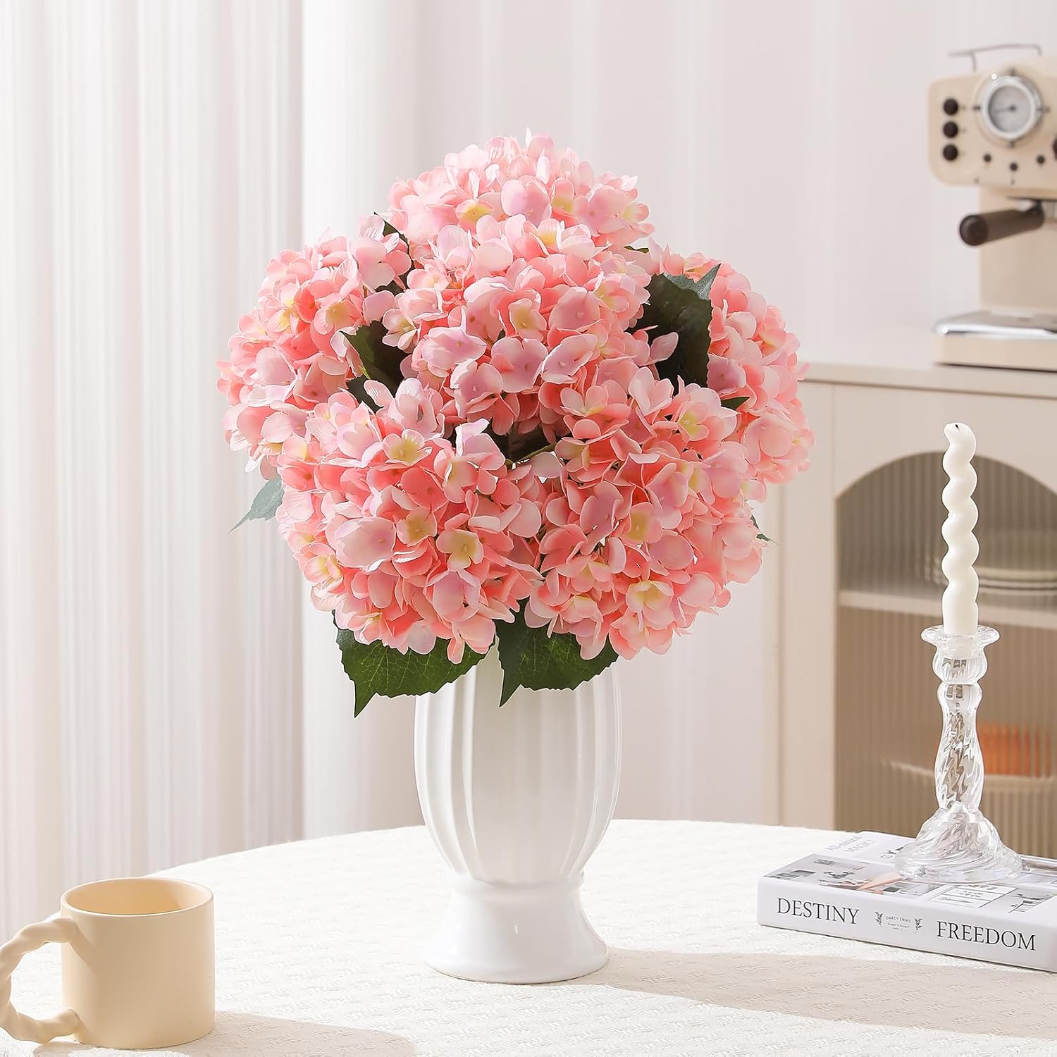 Kisflower 6pcs White Hydrangea Artificial Flowers - Faux Hydrangea Flowers, Fake Silk Flowers for Table Centerpiece