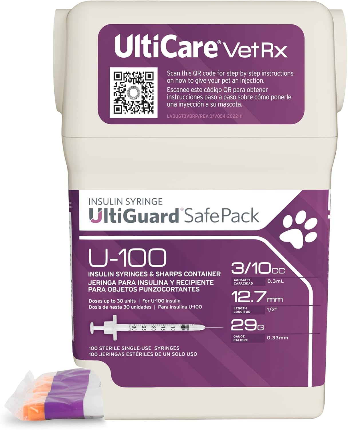 UltiCare VetRx U-100 UltiGuard Safe Pack Pet Insulin Syringes 3/10cc, 29G x 1/2”, 100ct