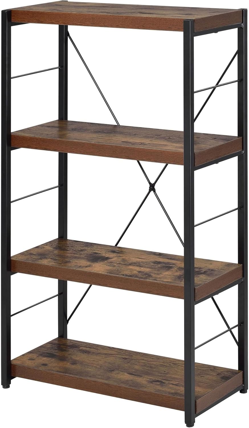 Benjara Four Tiered Metal Framed Wooden Bookshelf, Brown and Black
