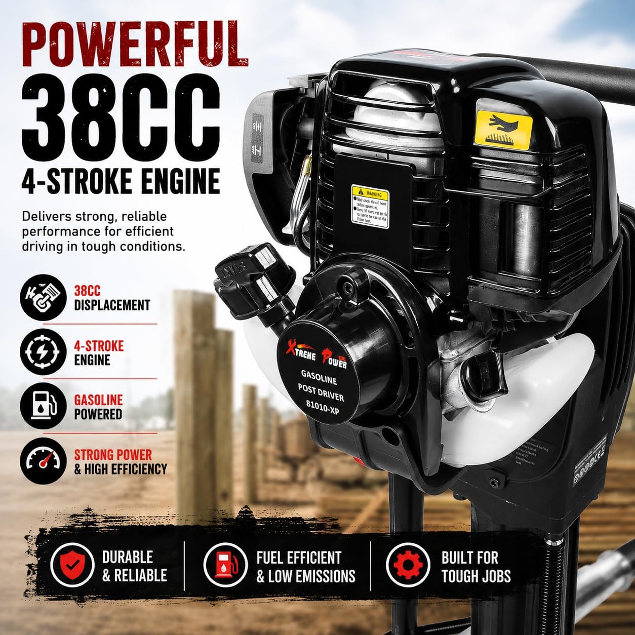 XtremepowerUS 38cc Gas Powered Fence Post Driver, 4-Stroke T-Post Driver, Heavy Duty Gasoline Pile Driver for T-Posts, Ground Rods & Steel Stakes
