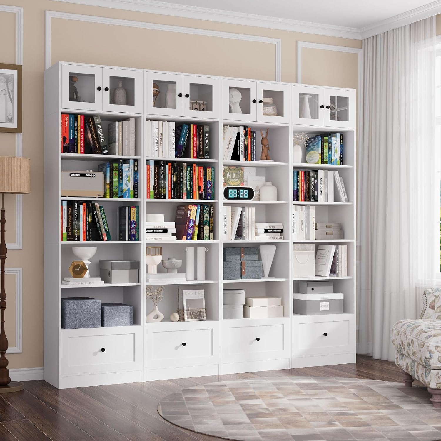 TUSY 85.5 Inch Tall Bookshelf with Doors - 7 Tier Bookcase with Glass Doors and Drawer, 23.6" Wide Storage Cabinet with Open Shelves for Living Room, White Book Shelf for Home Office, Study (AAAA)
