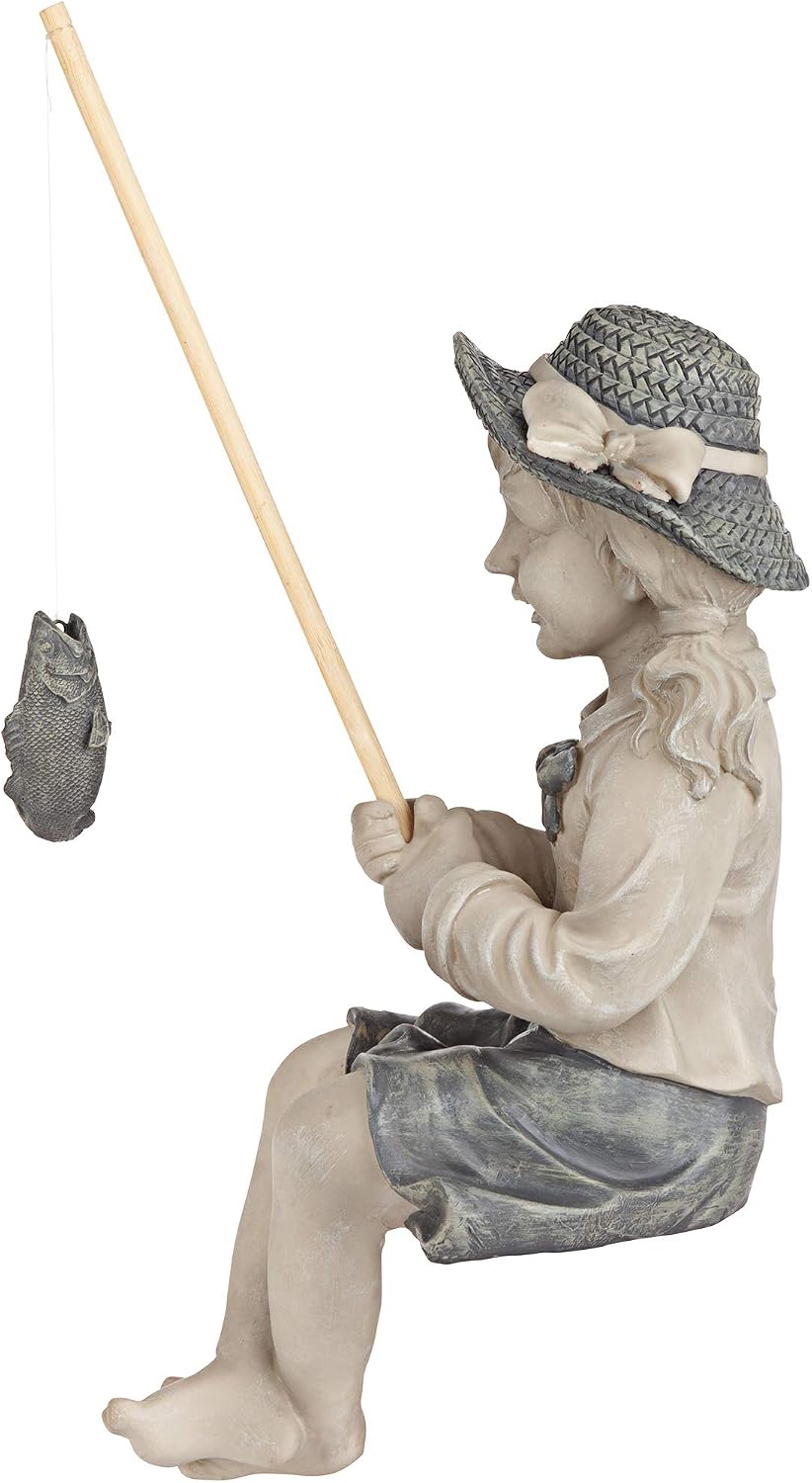 Design Toscano Frederic the Little Fisherman of Avignon Boy Fishing Garden Statue, 15 Inch Tall, Cast Stone Resin, Two Tone Stone Finish