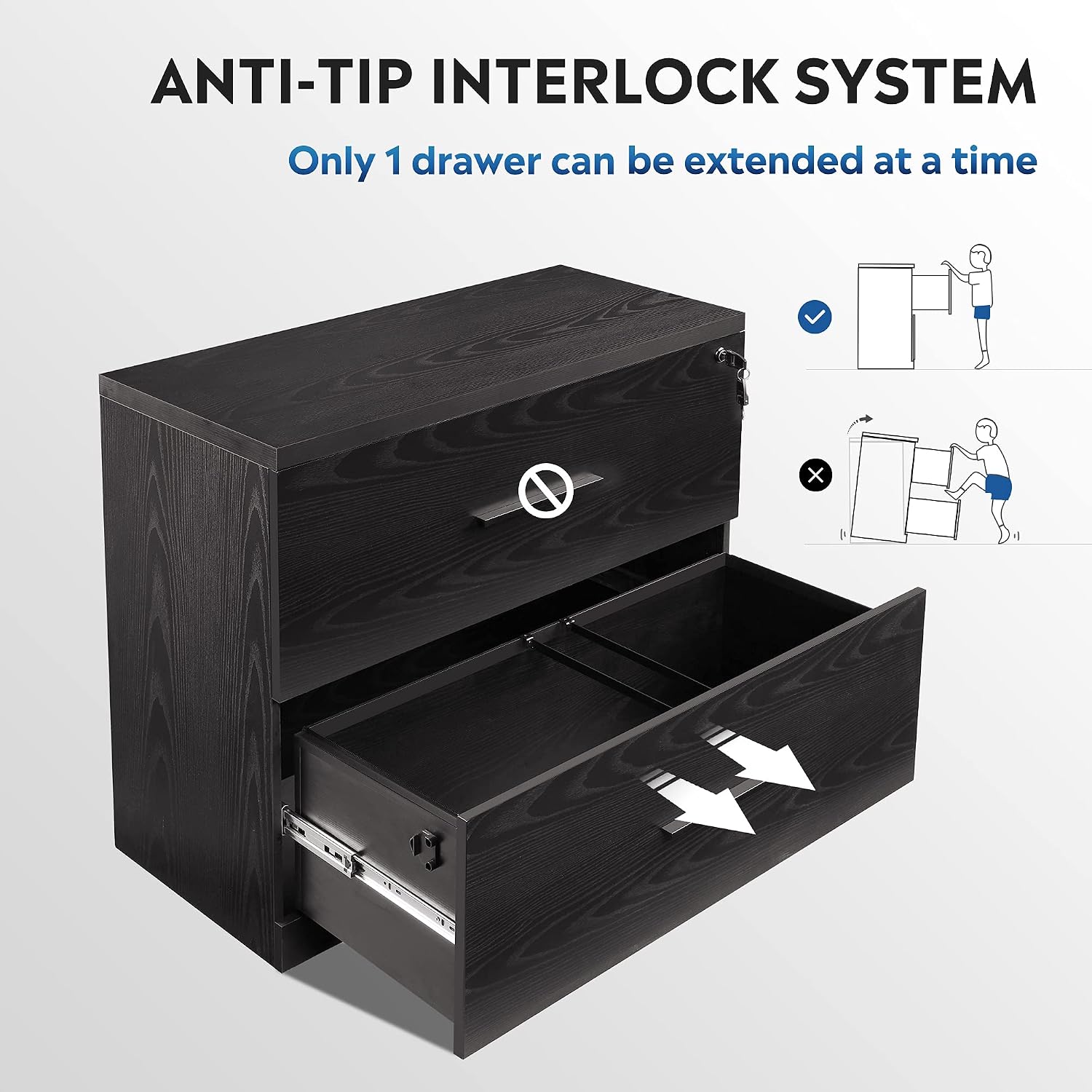 DEVAISE Lateral File Cabinet with Lock, 2 Drawer Filing Cabinet, Black