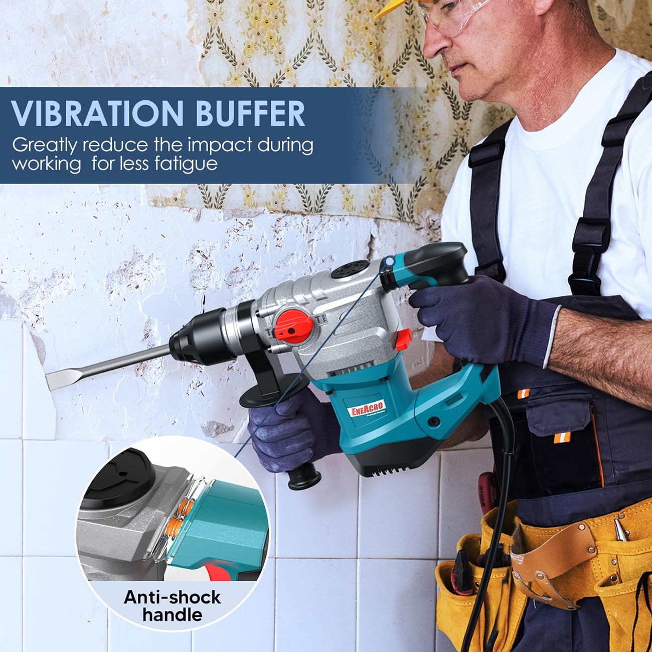 ENEACRO 1-1/4 Inch SDS-Plus 13 Amp Heavy Duty Rotary Hammer Drill | Safety Clutch, 4 Functions, Vibration Control, Includes Grease