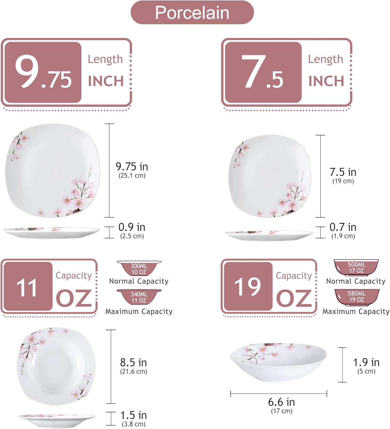 VEWEET 30 PCS Ceramic Dinnerware Sets for 6, Pink Floral Dish Set, ANNIE | Porcelain Dinner Set Including Dessert Plates, Soup Plates, Dinner Plates, Cups & Saucers, Microwave & Dishwasher Safe