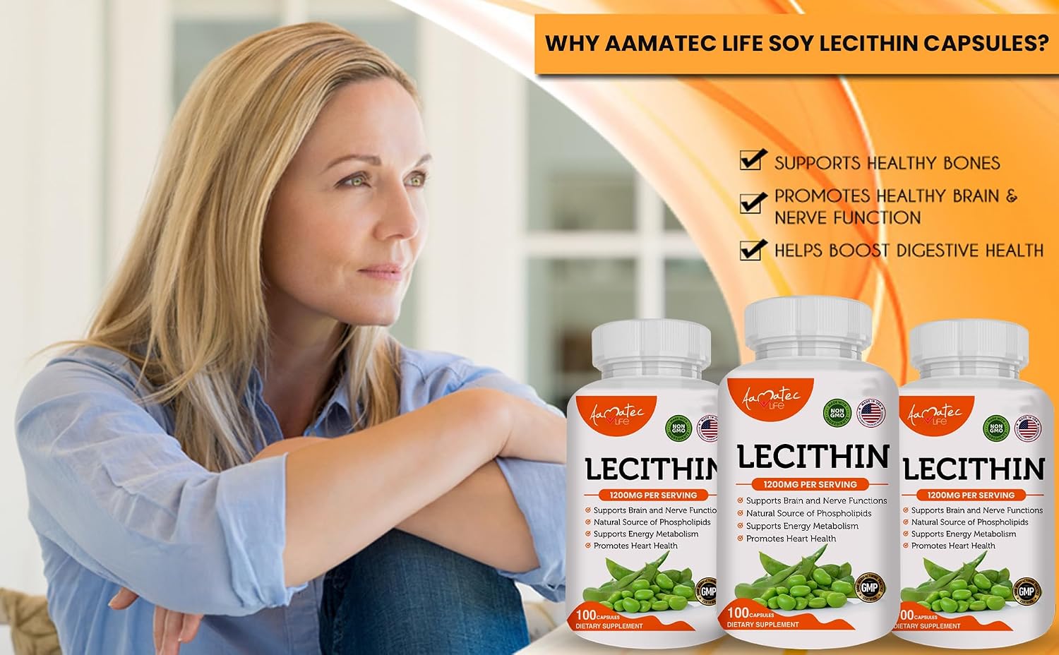 Soy Lecithin 1200mg Capsules Supplement for Heart, Liver & Brain Health – Supports Immune System