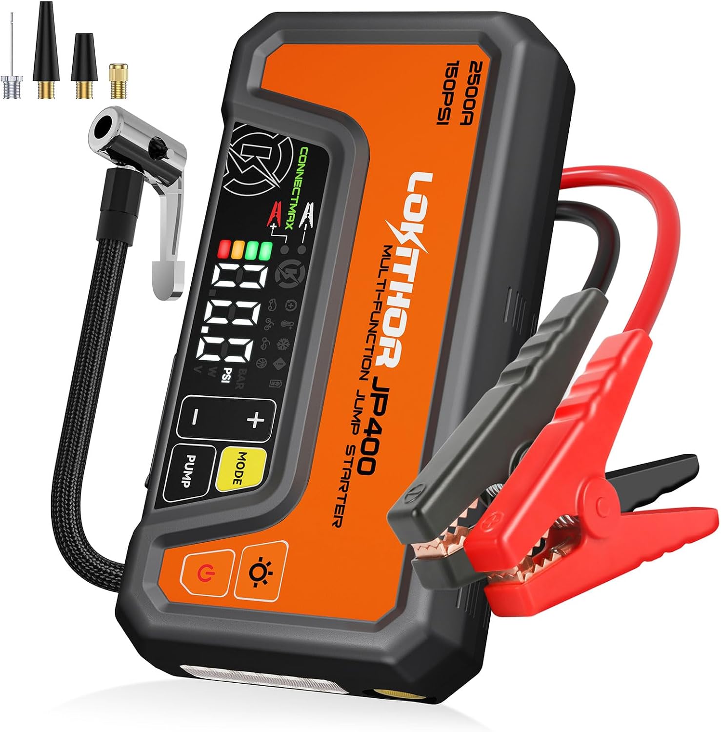 LOKITHOR JP400 Jump Starter with Air Compressor for 8.5L Gas/6.5L Diesel | 2500A 12V Portable Jumper Starter for Car, 150PSI Tire Inflator, 300 Lumen LED Light, Power Bank, ConnectMax, Jumper Cables