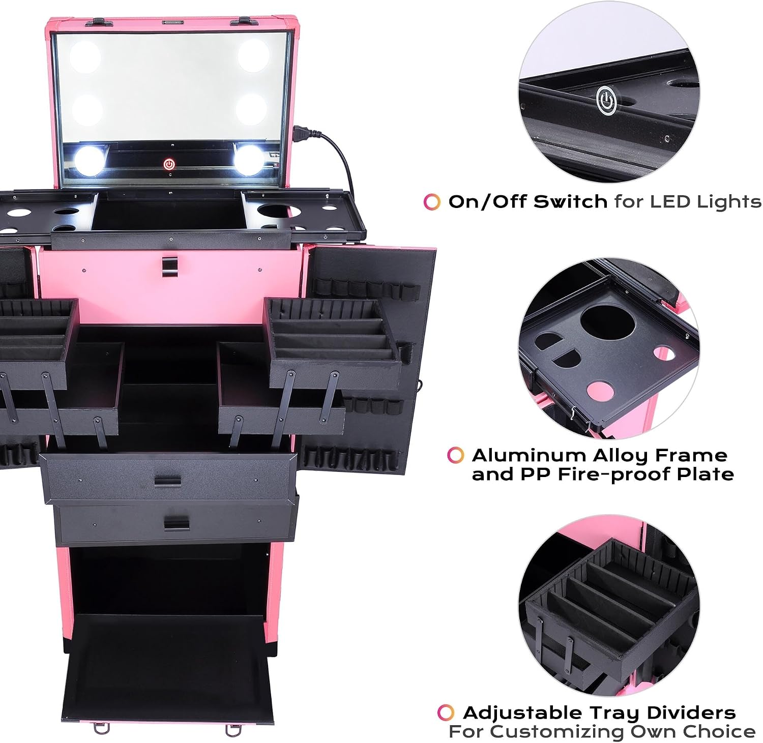 BYOOTIQUE Rolling Makeup Case with Lighted Mirror Hairstylist Station | Salonwith 2 Drawer,4 Trays,Hair Dry Holder,Professional Hairdressing Case,Beauty Salon Cart,Portable Vanity,Mobile