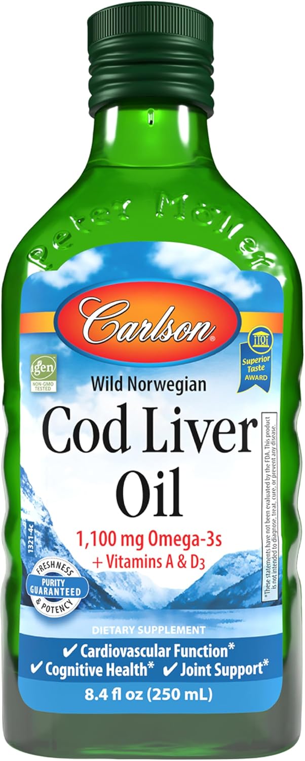 Carlson Cod Liver Oil, 1100 mg, Omega-3s, Lemon, 500 mL (16.9 Fl Oz) | plus Vitamins A and D3; Wild Caught Norwegian Arctic Cod Liver Oil; Sustainably Sourced Nordic Fish Oil Liquid
