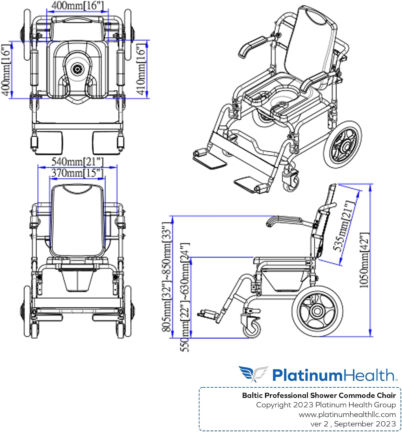 Platinum Health Baltic Professional Transport Shower/Commode Chair-Padded, Polyurethane or Polyvinyl Chloride