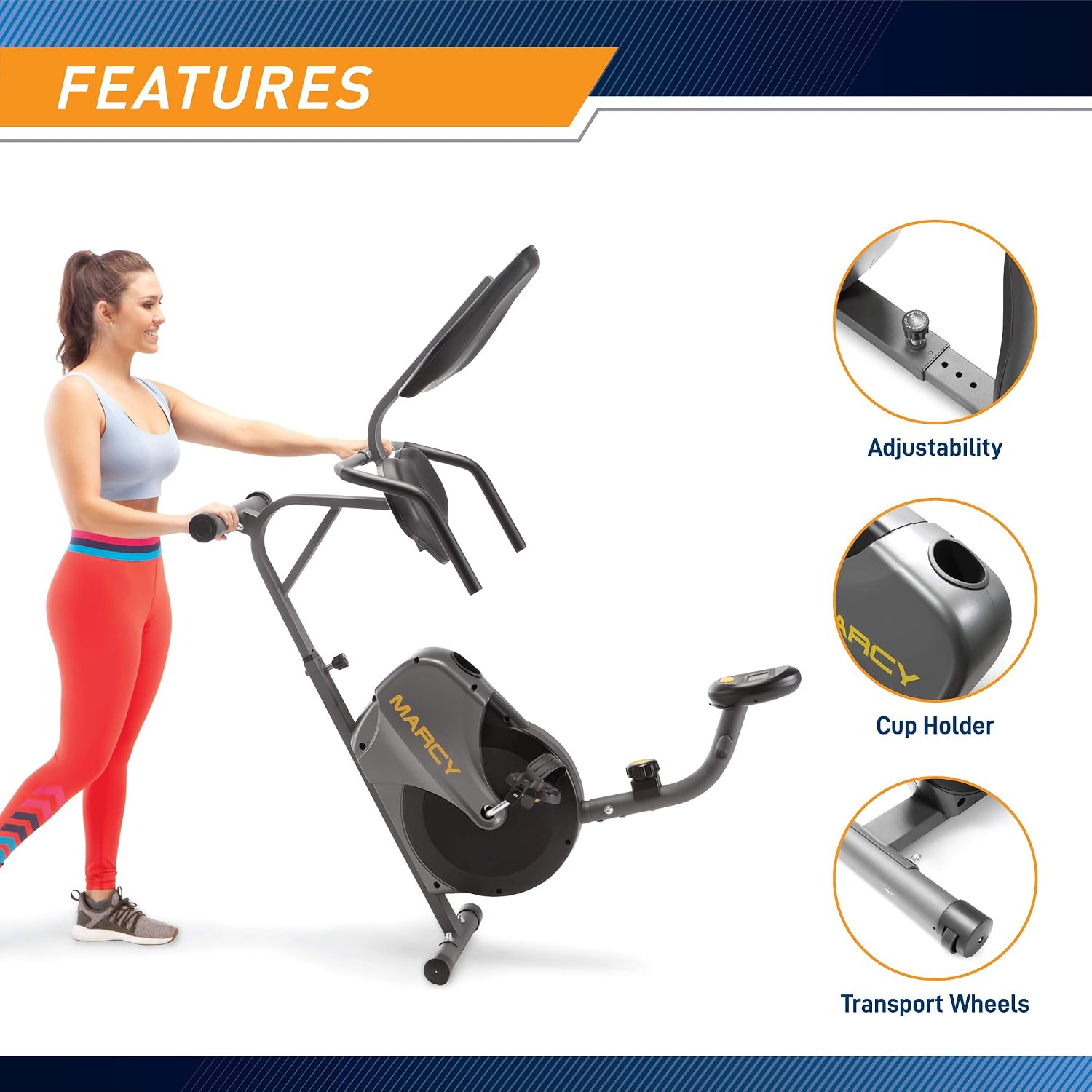 Marcy Magnetic Recumbent Bike with Adjustable Resistance and Transport Wheels NS-716R