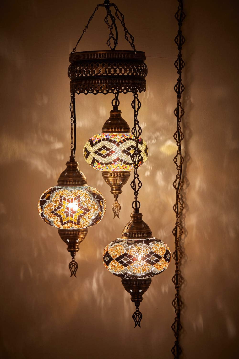 DEMMEX 3 Large Globe Plug-in Turkish Moroccan Mosaic Chandelier, Hanging Lamp, Ceiling Light Fixture with 15ft Cord & Chain for Living Room