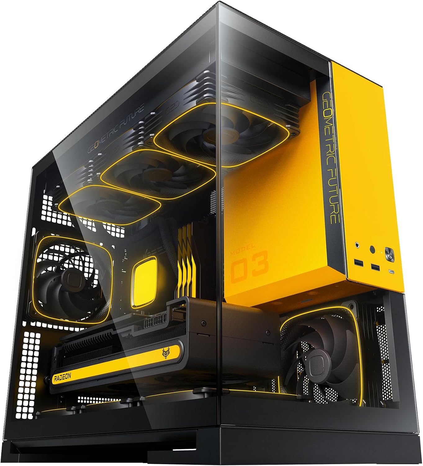 Geometric Future M5 Tempered Glass Mid Tower, E-ATX/ATX Gaming Case, 1.2mm Steel, Type C, Toolless Panels, Support 420/360 Radiator, ARGB PWM 140m Fan x 5 Pre-Installed, Black/Yellow, GEO-M5F-BY
