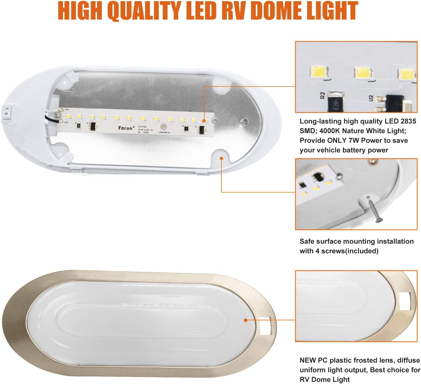 Facon 12V LED Bright RV Pancake Light Surface Mount - 2 Pack, DDS01-008, 12Volt Interior Light with Switch, for RV Motorhomes Camper Caravan Trailer Boat, 3400K