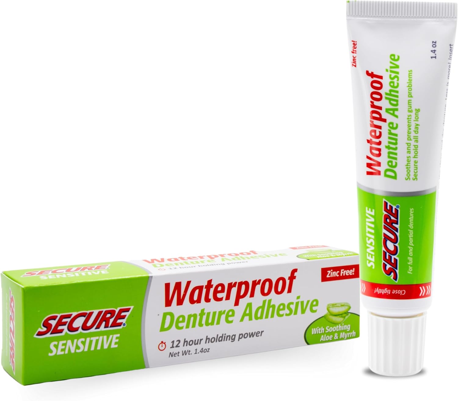 Secure Denture Adhesive Cream, Zinc Free Denture Glue, 1.4 oz | Waterproof Seal - Food Grade Ingredients - Less Adhesive, More Hold - Tube Lasts Up to 8 Weeks