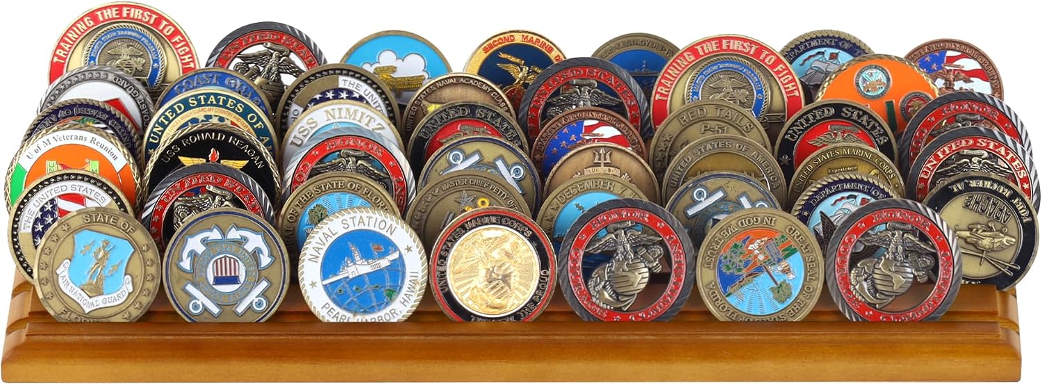 DisplayGifts Challenge Coin Display Stand 4 Row Wooden Holder Rack Case Holds 28 Coins Walnut Finish