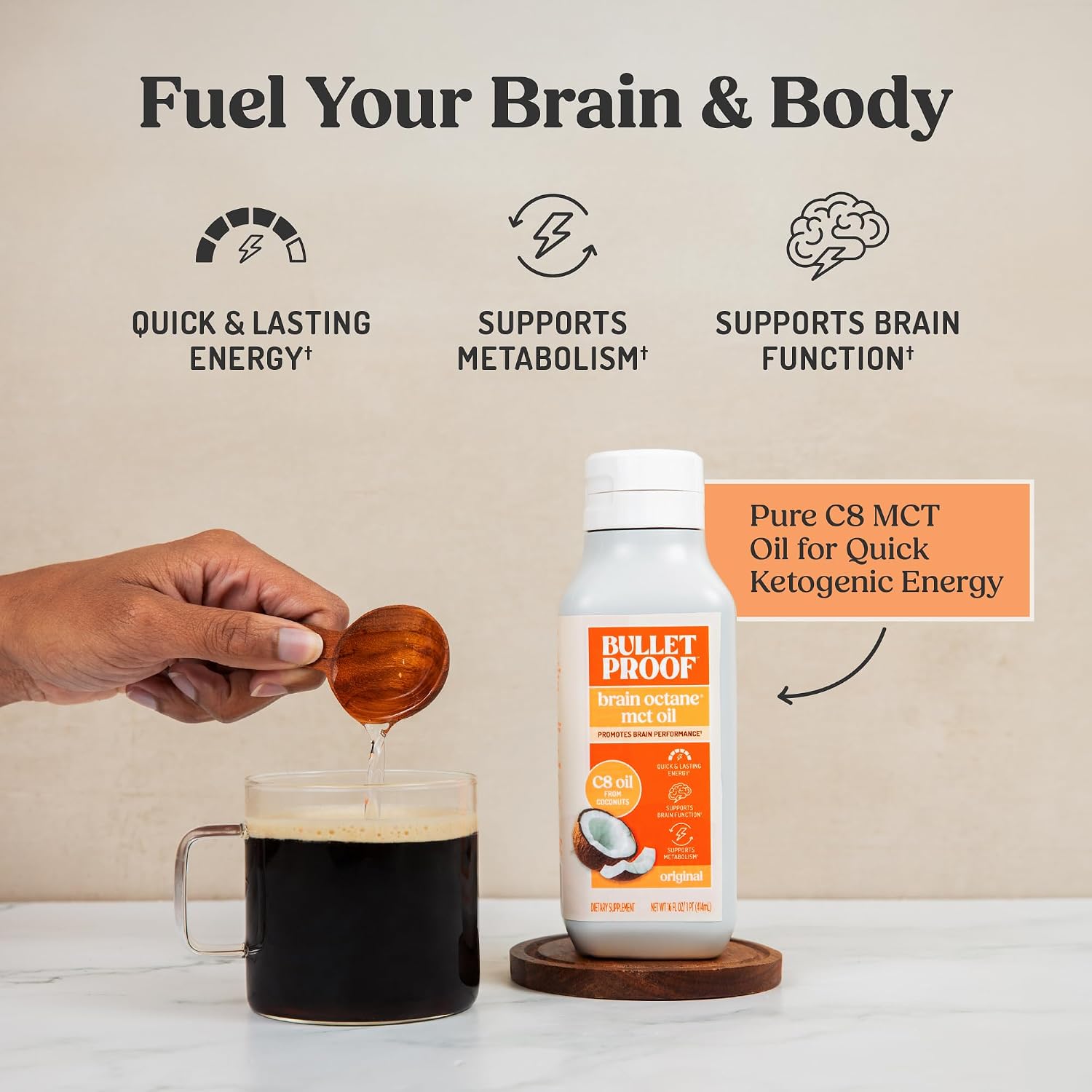 Bulletproof Brain Octane C8 MCT Oil, Non-GMO, 16 oz – 100% C8 from Coconut | 100% Pure Coconut Oil, Triple-Distilled Keto Energy Supplement for Coffee & Smoothies, Unflavored, No Additives, Non-GMO