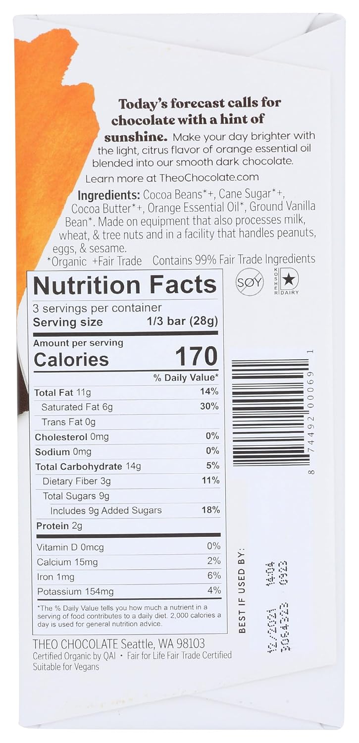 Theo Pure Organic Dark Chocolate Bar, 85% Cacao, 1 Bar | Vegan, Fair Trade