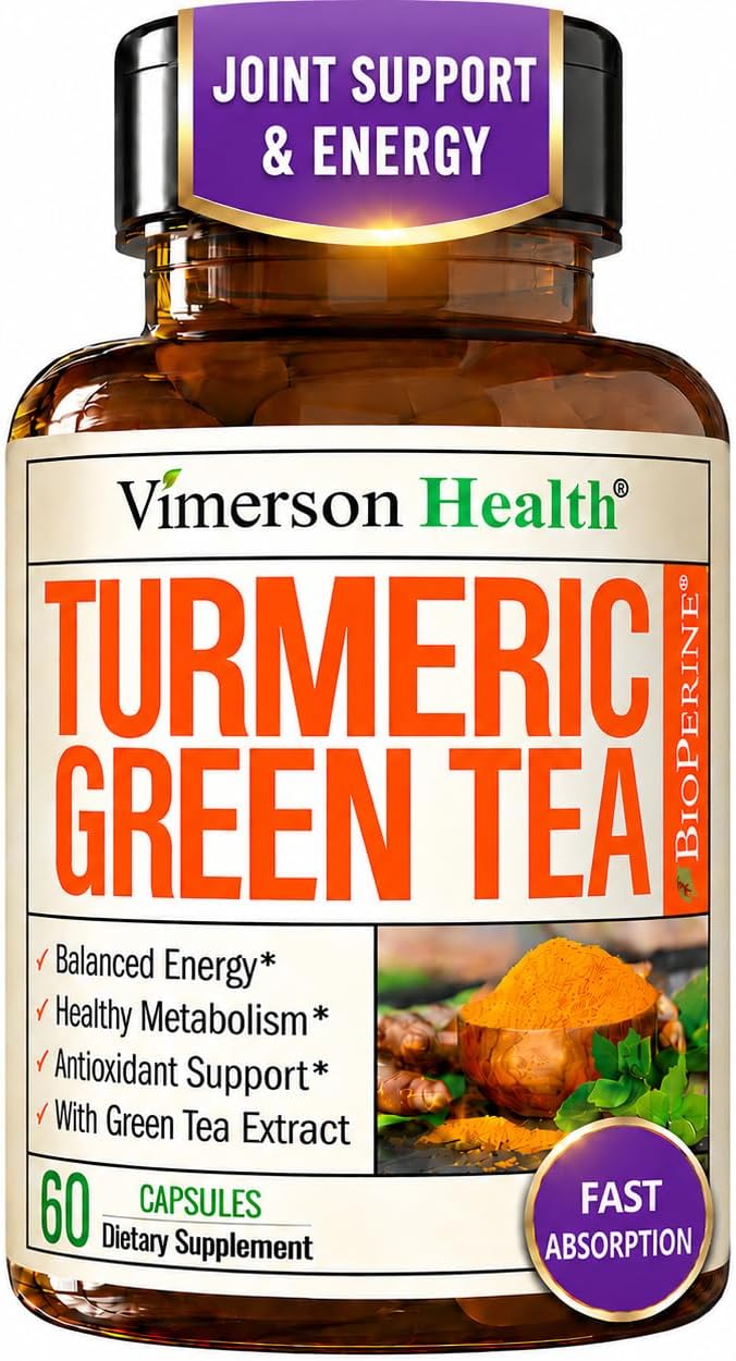 Turmeric Curcumin Supplement with Green Tea Extract (ECGC) & Vitamin C for Joint Health, Energy & Inflammation Balance - Organic Tumeric Curcumin with Black Pepper - Gluten-Free, Non-GMO - 60 Capsules