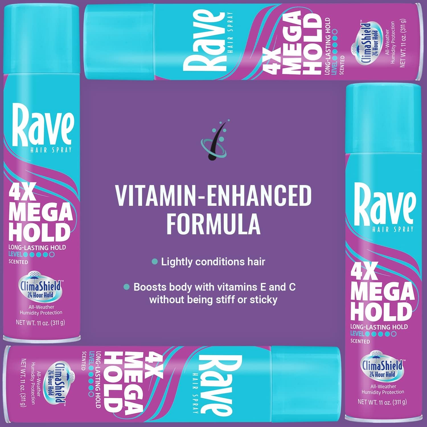 rave 4X Mega Unscented Aerosol Hairspray - Hair Spray for High Humidity Weather - 24-Hour Lasting Hold - Vitamin-Enhanced Hair Volume Spray - 11 oz