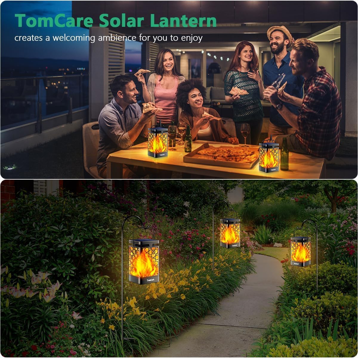 TomCare Solar Lanterns Outdoor, Flickering Flame Hanging Lights, 2 Pack