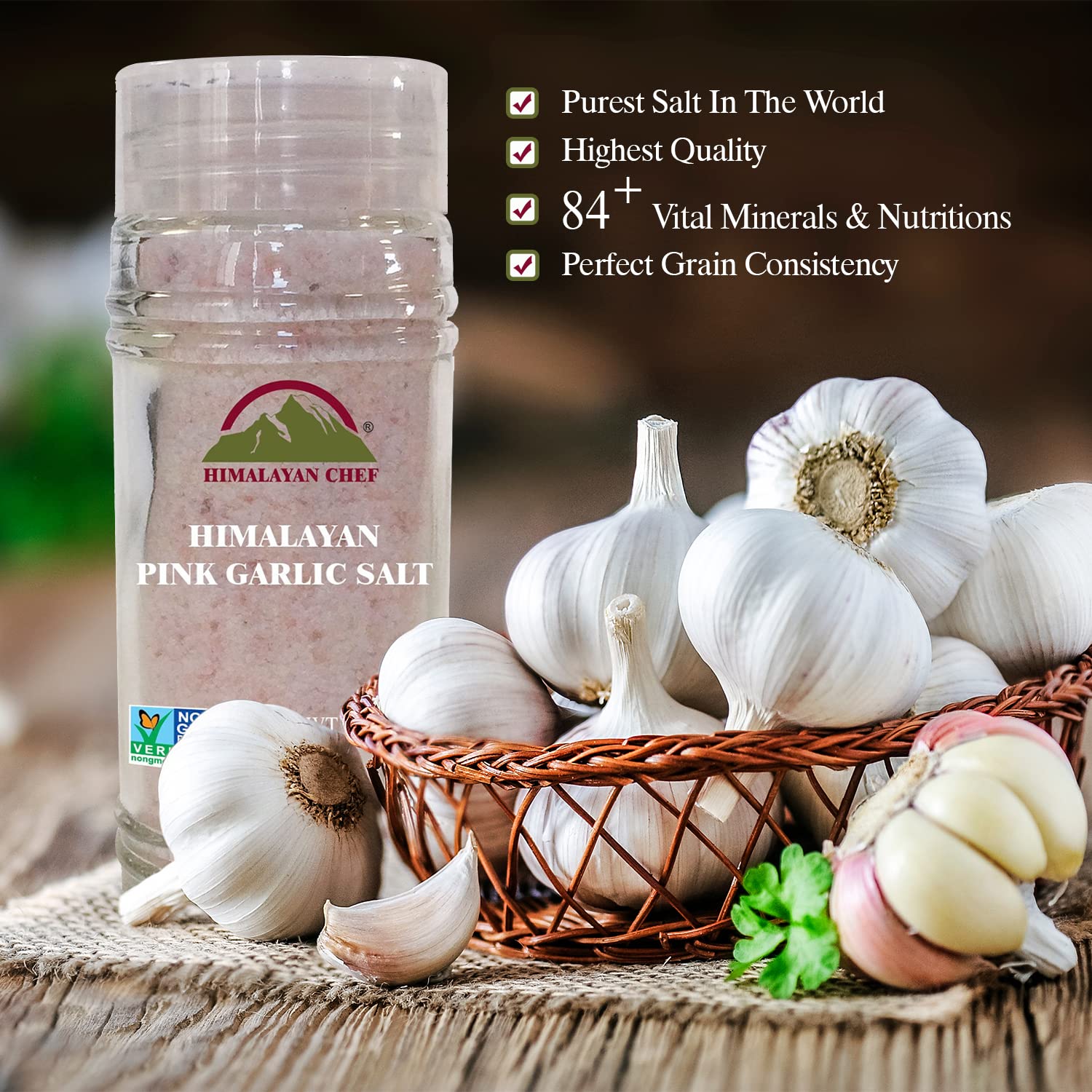 Himalayan Chef Himalayan Pink Garlic Salt -3.6 Oz (Pack of 1), Small Grinder of Garlic Salt Seasoning, Natural & Certified