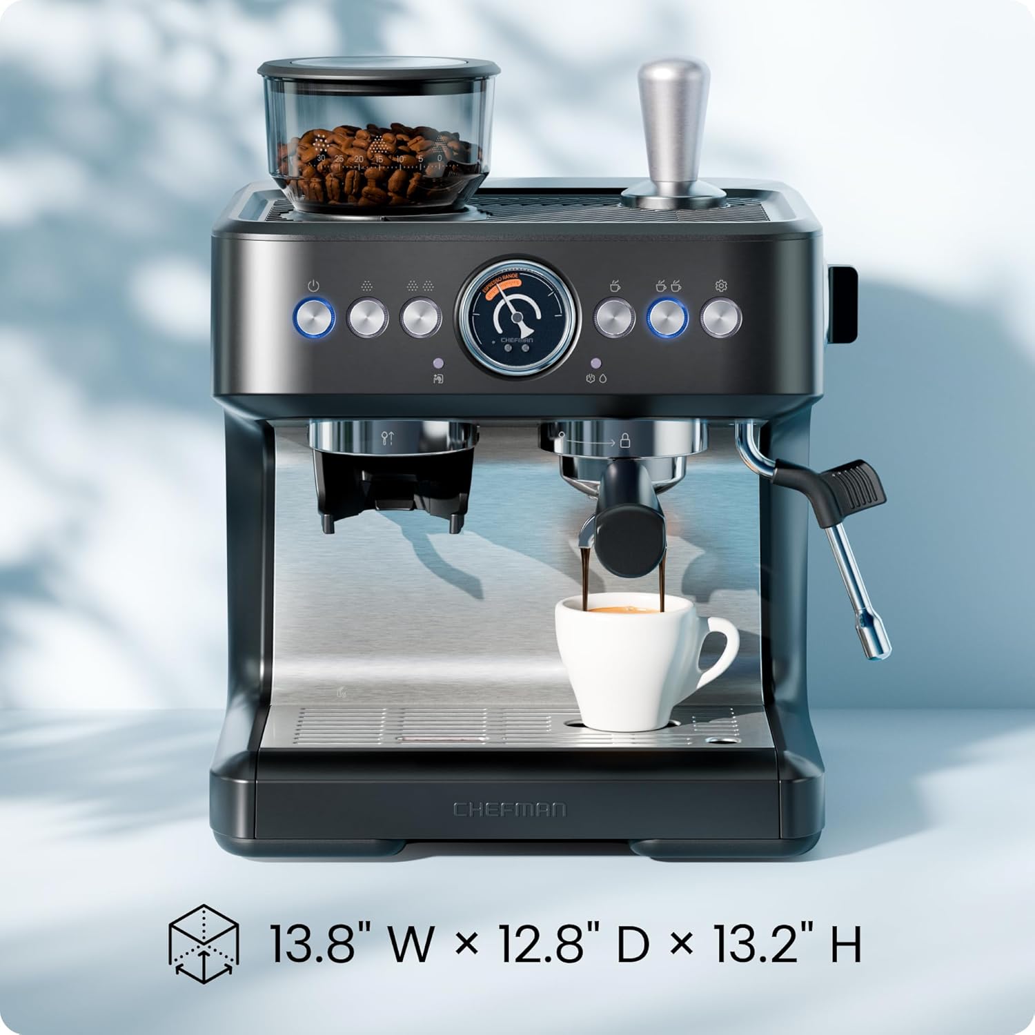 Chefman 6-in-1 Espresso Machine with Built-In Milk Frother, 15-BAR Pump, Digital Display, One-Touch Single or Double Shot for Cappuccinos and Lattes