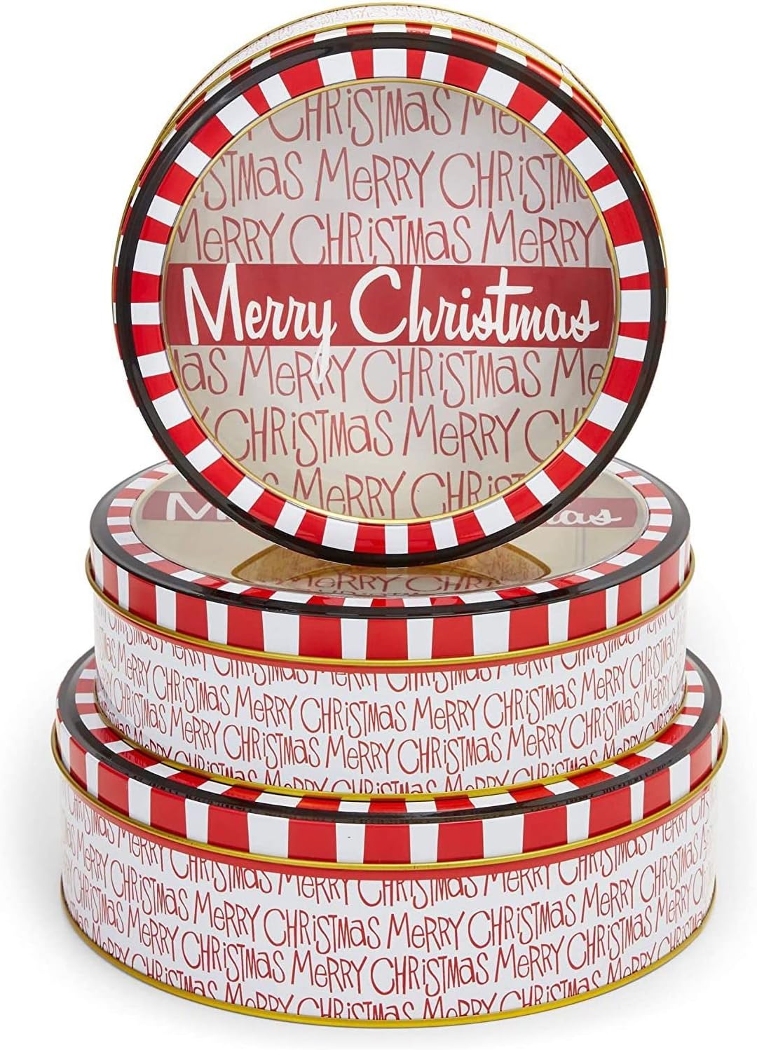 Juvale 3-Piece Cookie Tin with Lid - 8.75 in/7.75 in/6.5 in Round, Red & White - Tin Containers with Lids for Cookie Storage & Container Set